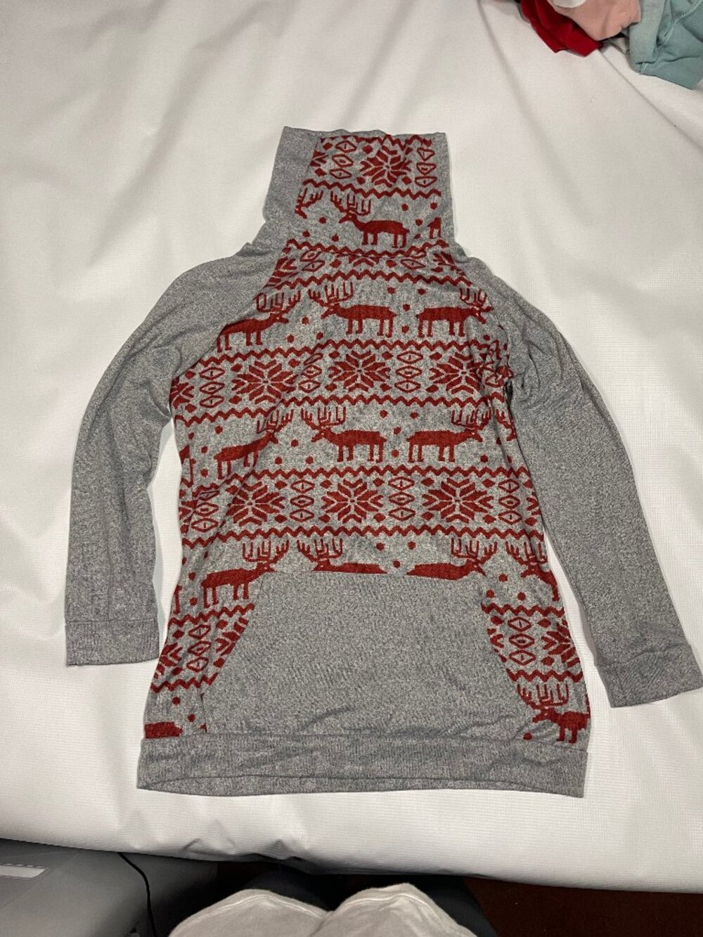 Cowl Neck Christmas Reindeer Fair Isle Pocketed Sweatshirt, Grey and Red